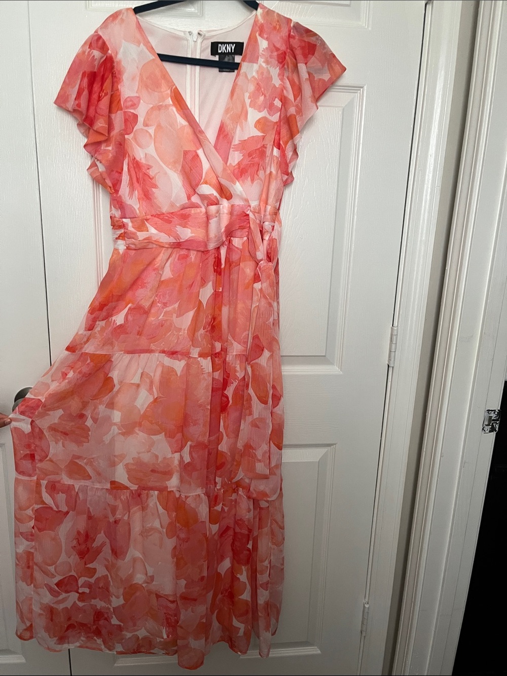 DKNY Coral and Peach Floral Maxi Wrap Dress